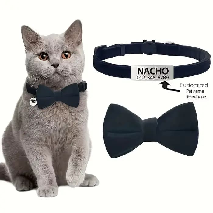 Collier de nœud papillon de chat en Polyester personnalisable, doux et réglable, étiquette de nom d'