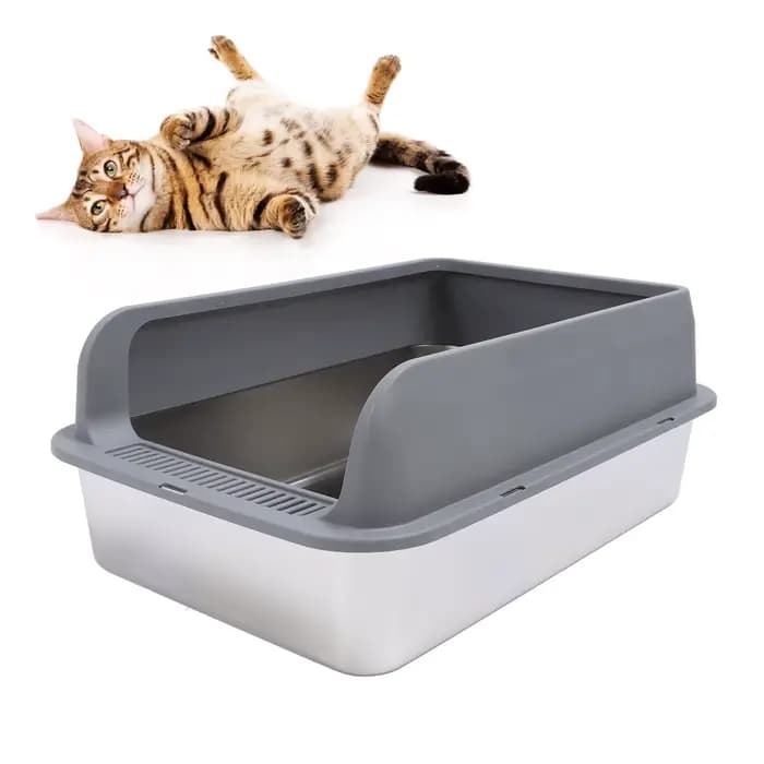Bac à litière pour chat en acier inoxydable, anti-éclaboussures, inodore, facile à nettoyer, côtés h