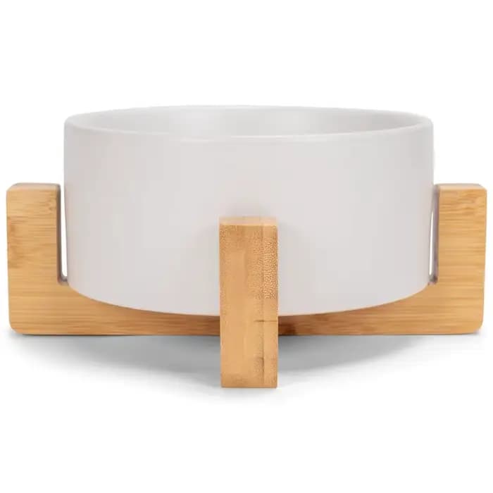 BSEVB - Petit bol pour animaux de compagnie en grès blanc et bois, de luxe, pour chiens et chats, bo