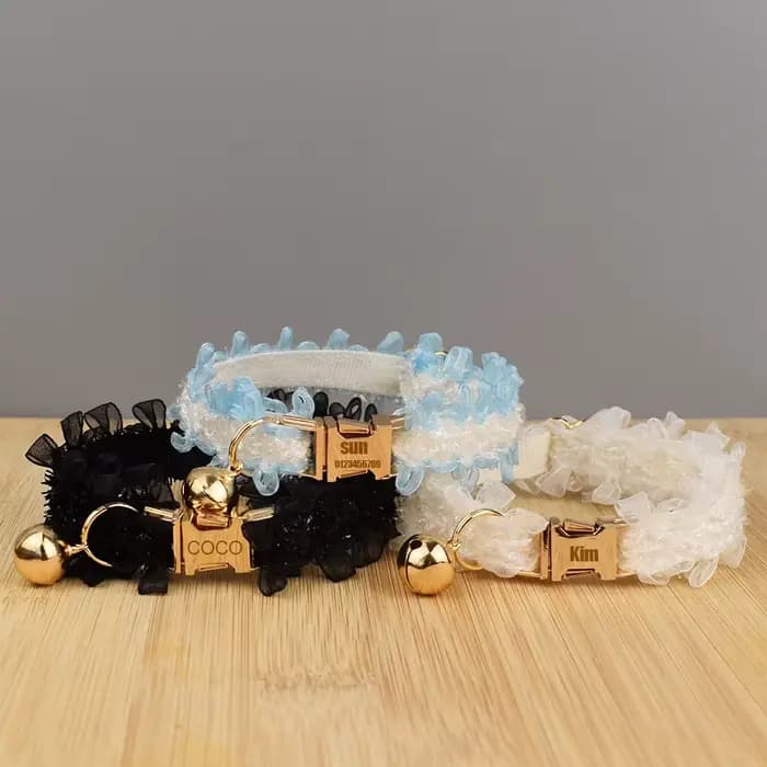 Collier en dentelle pour chat, réglable, sûr, personnalisé, avec nom, doux, avec clochette, pour cha