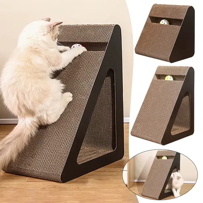 Griffoir pour chat 2 en 1 en carton en forme de triangle avec boules rotatives, robuste, anti-rayure