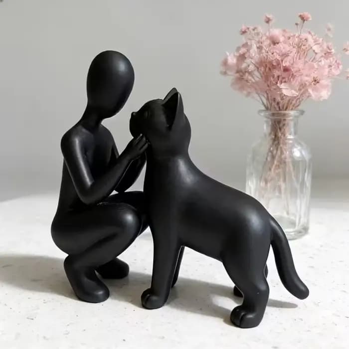 Statue de l'amitié entre humains et chats, sculpture élégante et chaleureuse des propriétaires et des chats, ornement d'amitié pour les passionnés d'animaux