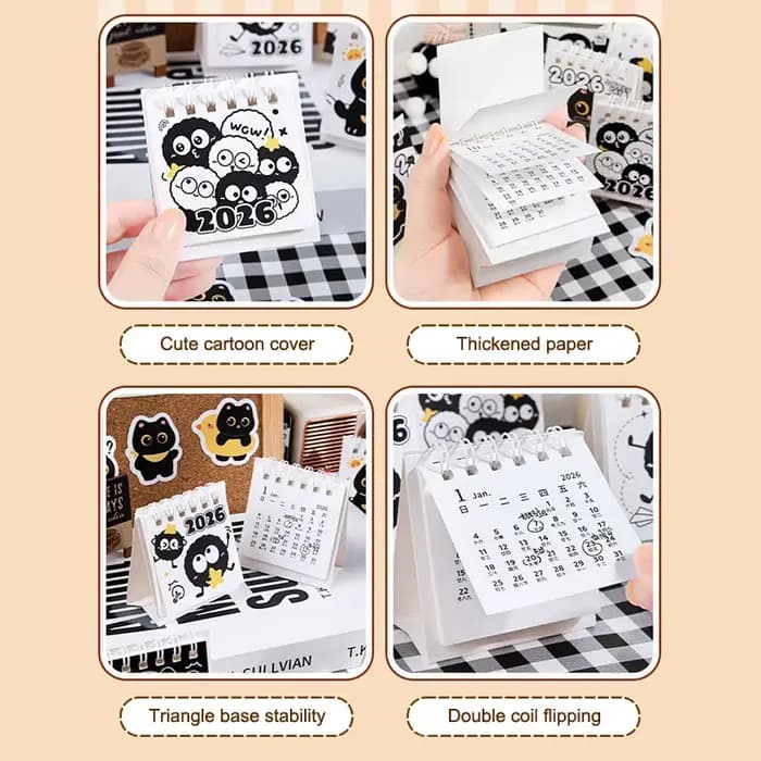 Mini calendrier 2026 Portable, 2 pièces, thème chat mignon, bureau, école, essentiels, planification et enregistrement, aide au maintien