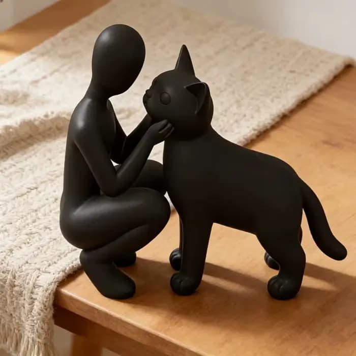 Statue de l'amitié entre humains et chats, sculpture élégante et chaleureuse des propriétaires et des chats, ornement d'amitié pour les passionnés d'animaux