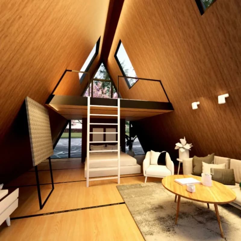 Cabane en bois moderne mobile à deux étages en forme de A, maisonnette triangulaire préfabriquée pour B&B en forêt et complexe de glamping, personnalisable