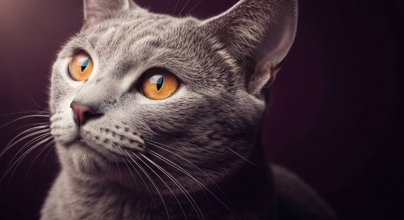 Russian Blue regard ambré, portrait éditorial sur fond aubergine