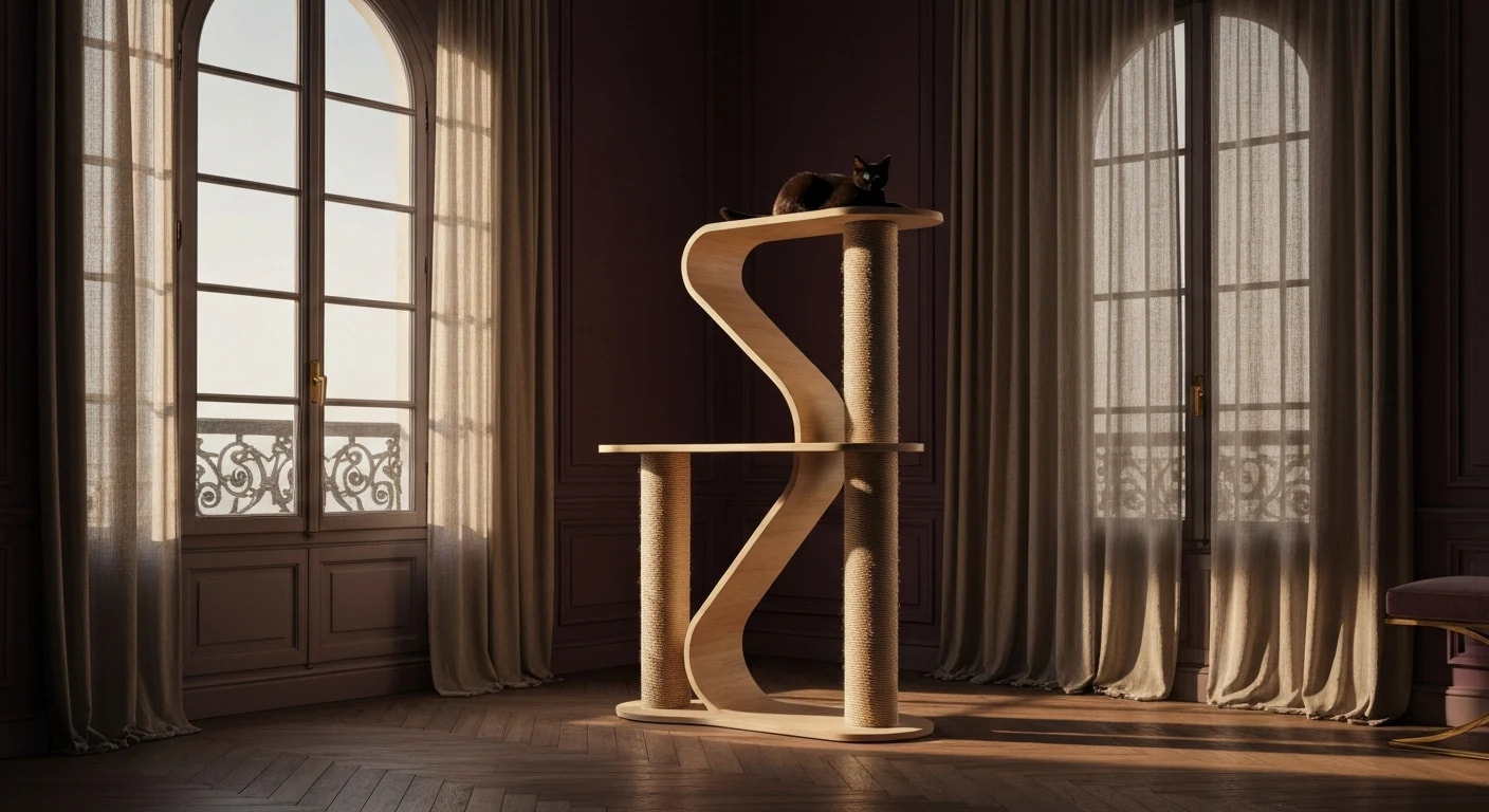 Arbre à chat en chêne pâle et sisal dans un appartement velours plum