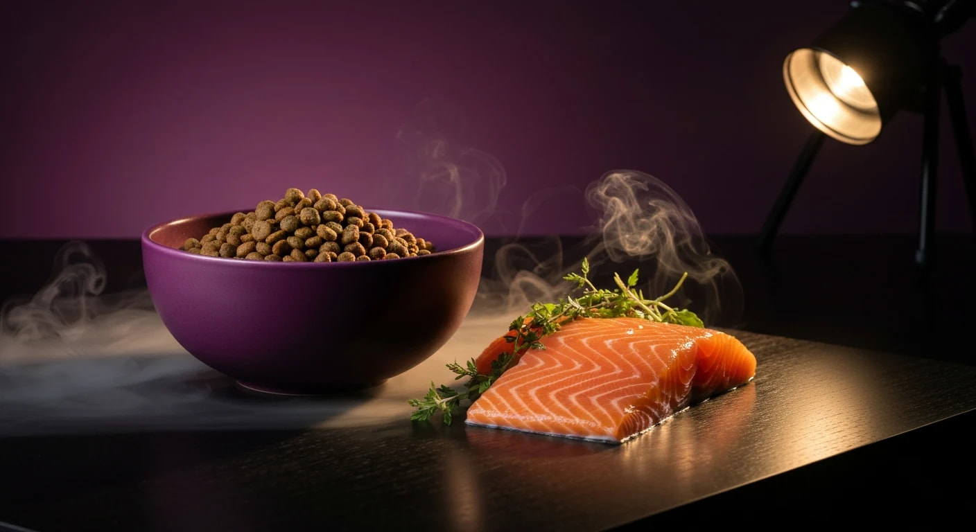 Croquettes premium et saumon servis dans un bol en céramique aubergine