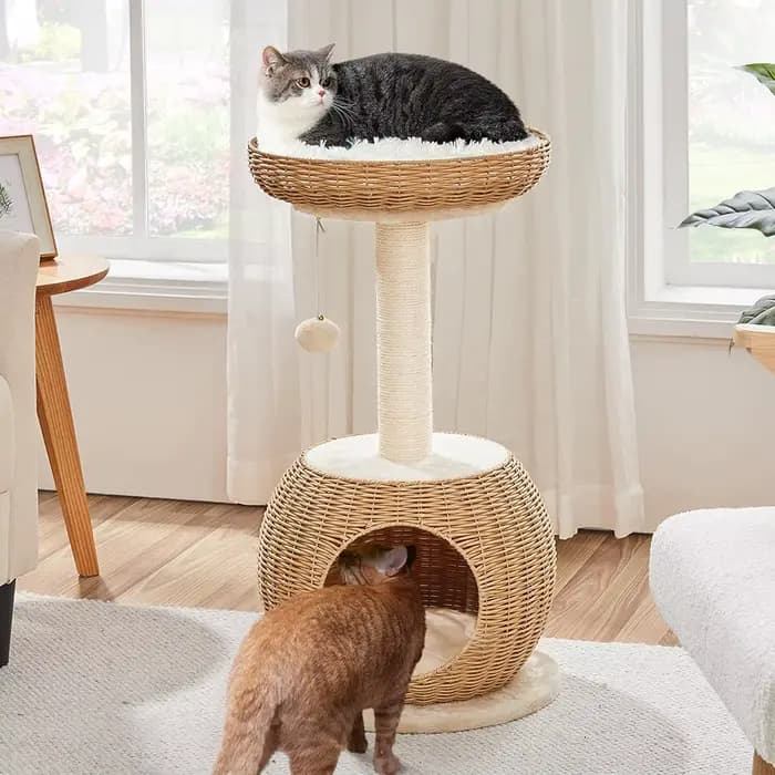 Arbre à chat, tour à chat en rotin de 29,5 pouces pour chats d'intérieur avec poste à gratter, condo