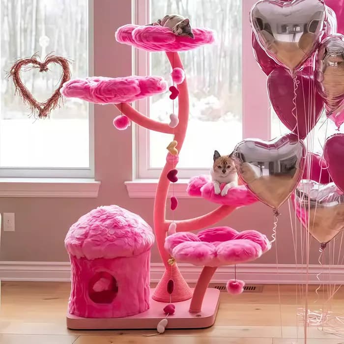 Arbre à chat luxueux et haut avec maison en forme de fleur, corde de sisal et jouet à cloche suspend