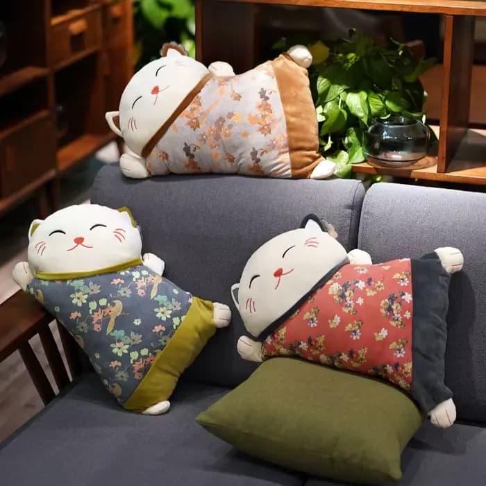 Oreiller de chat porte-bonheur de style japonais, coussin de dos de canapé à double usage, ceinture
