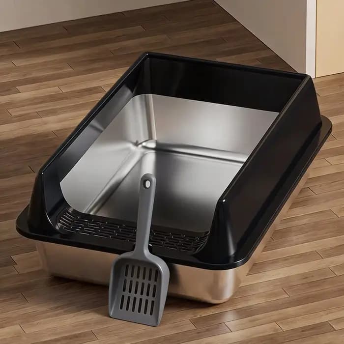 Bac à litière pour chat en acier inoxydable XL, design à côtés hauts pour éviter les fuites d'urine,