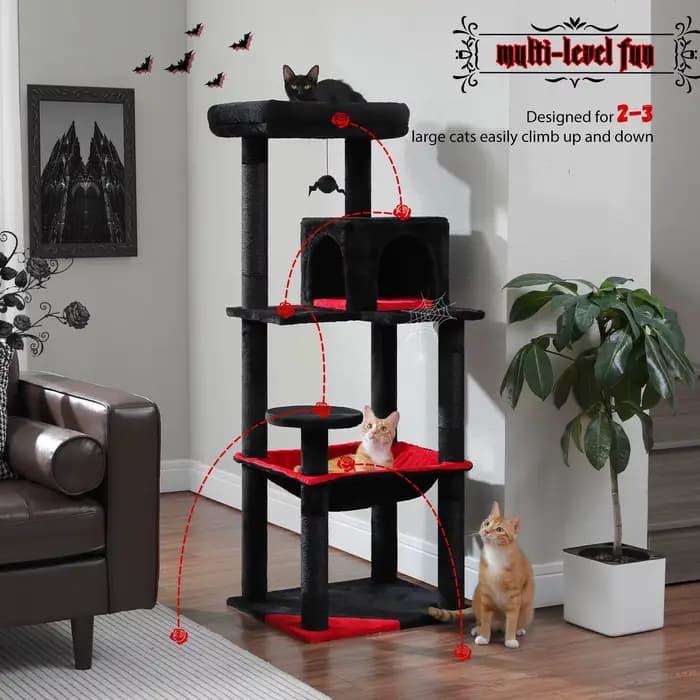 Arbre à chat pour chats d'intérieur, tour à chat à 5 niveaux pour grands chats avec grand hamac, pot