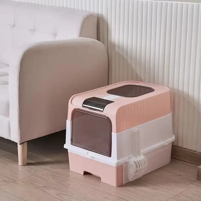 Grande litière pour chat pliable et fermée avec couvercle, entrée frontale, sortie supérieure, anti-