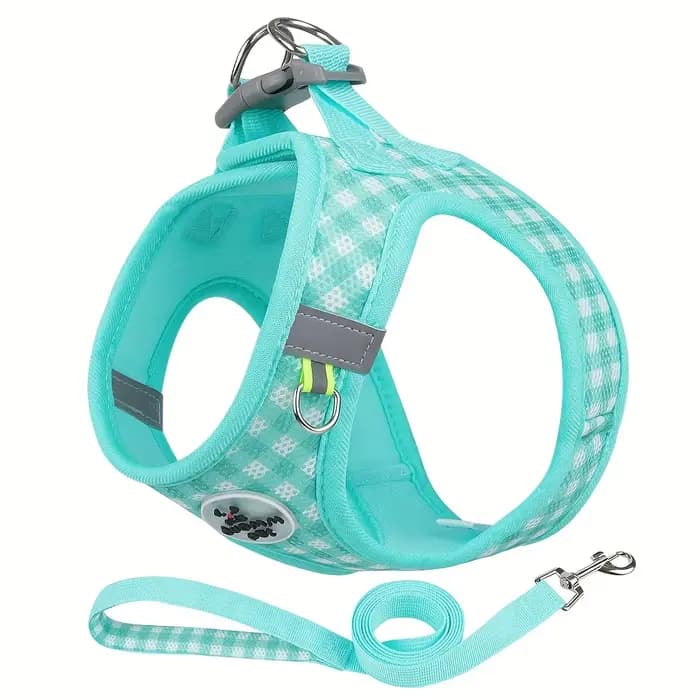 Harnais festif pour chat vichy : polyester respirant avec fermoirs métalliques et sangles réfléchiss