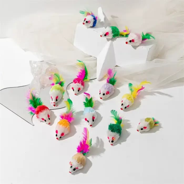 Fausse souris en fourrure de lapin pour animaux de compagnie, jouet pour chat, boule arc-en-ciel en