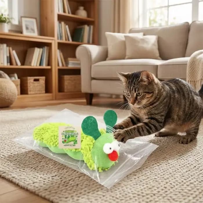 Jouets pour chats en peluche verte en forme de chenille, avec herbe à chat pour le nettoyage des den