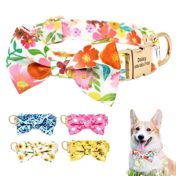 Collier de chien personnalisé imprimé pour fille avec nœud papillon floral, plaque d'identification
