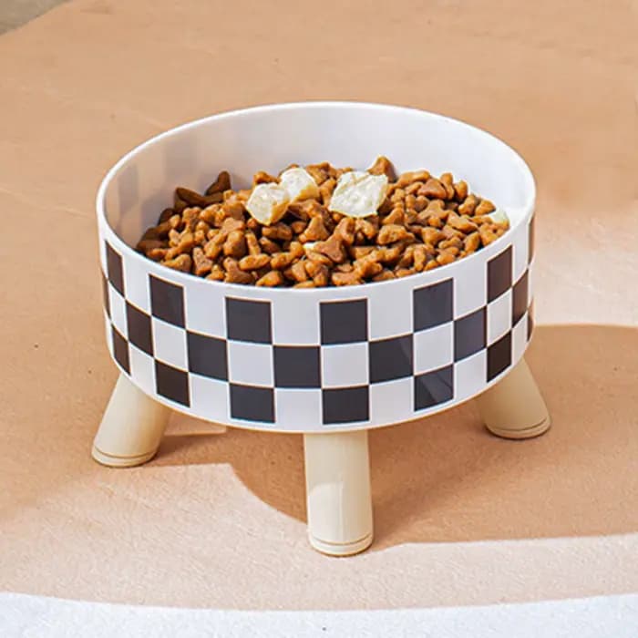 Bol en plastique pour chat et chien avec motif damier à pois, antidérapant et facile à nettoyer