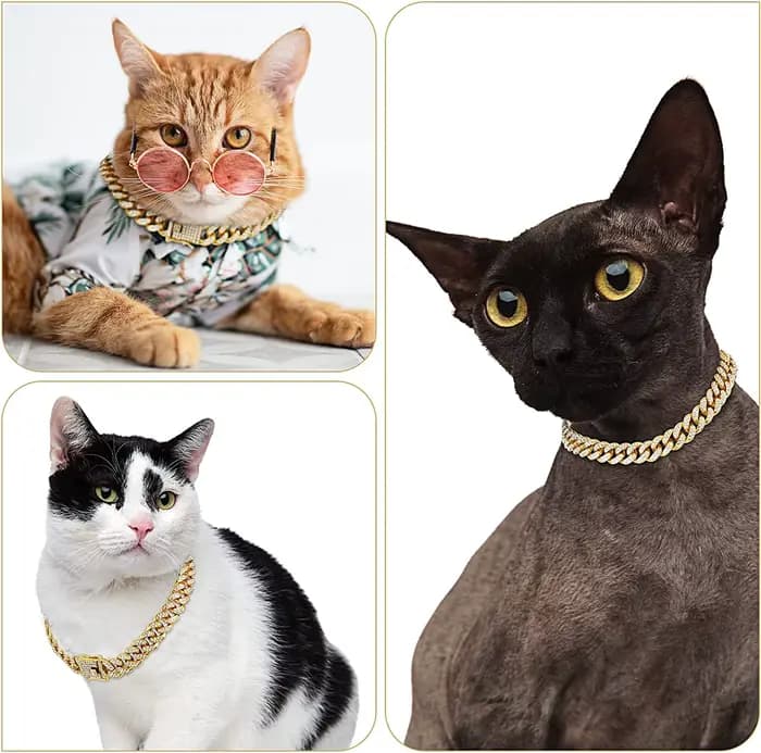 Collier de luxe à maillons cubains pour chat, bijoux en strass, chaîne en or pour chaton, accessoire