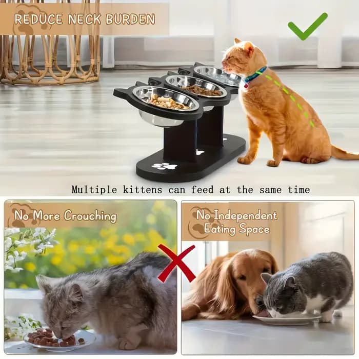Bol pour chat surélevé à 3 niveaux avec supports en bois et acier inoxydable, support réglable à ang