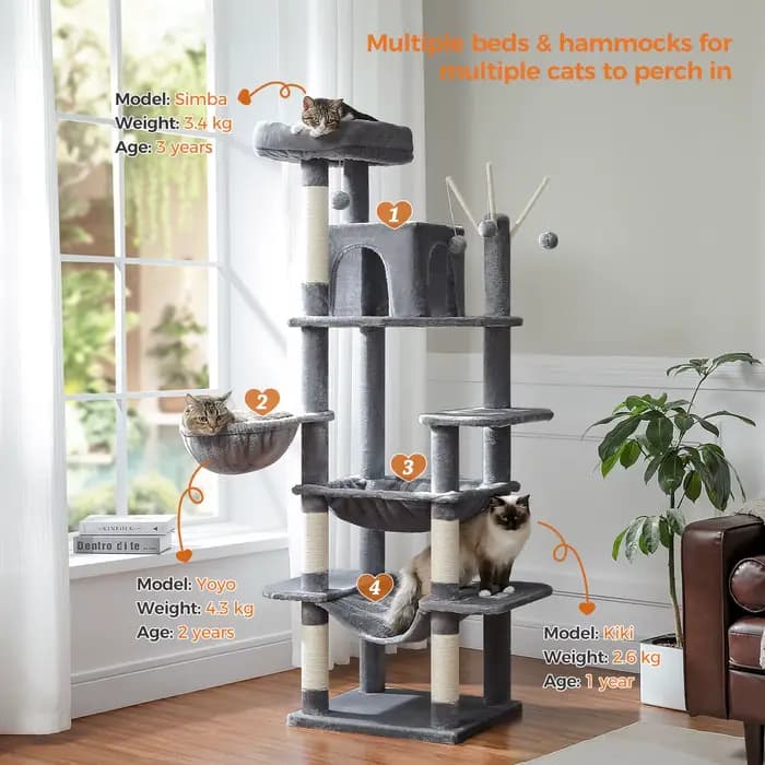 Grand arbre à chat pour grands chats d'intérieur, tour de chat haute pour gros chats avec hamac supe