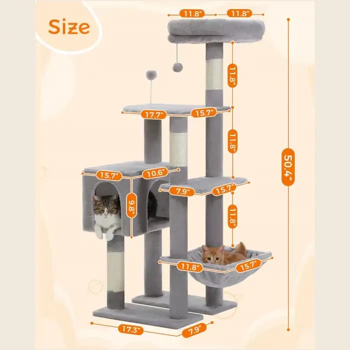 Grand condo pour chats d'intérieur, arbre à chat avec hamac, griffoirs, 2 perchoirs