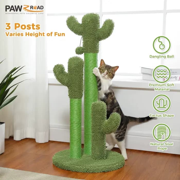 Arbre à chats cactus pour chats d'intérieur, grand griffoir avec 3 poteaux en sisal, balle suspendue