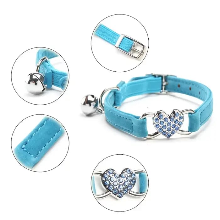 Collier de chat à breloque en forme de cœur et cloche, élastique de sécurité réglable avec matériau