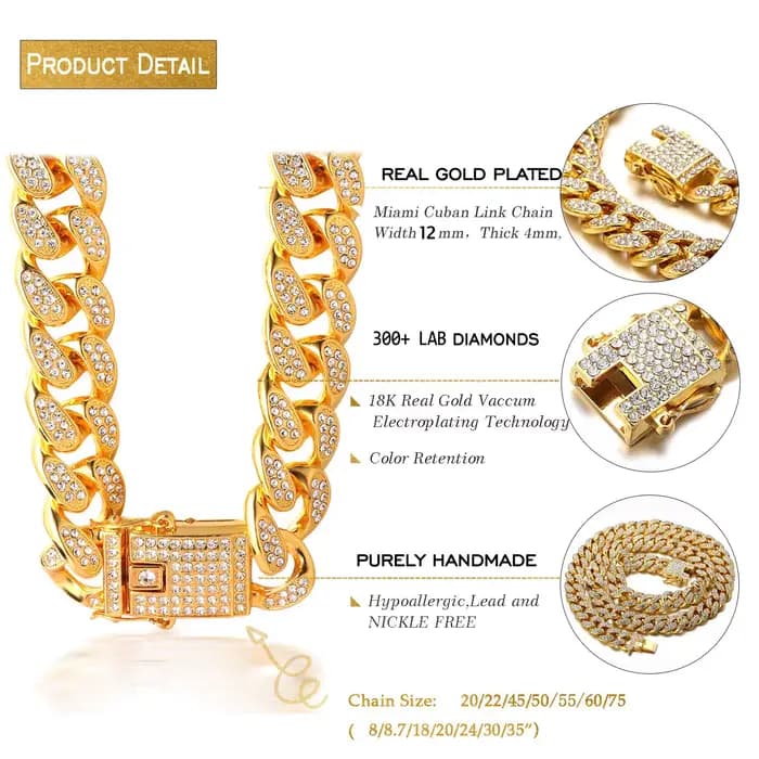Collier de luxe à maillons cubains pour chat, bijoux en strass, chaîne en or pour chaton, accessoire