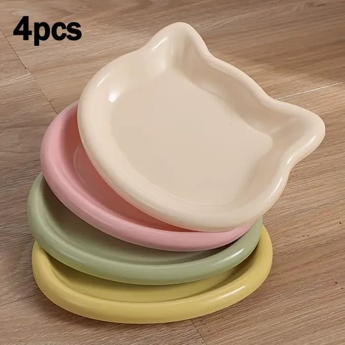 4 bols pour chat en plastique multicolores | Conçu en forme de chat de dessin animé, avec une base