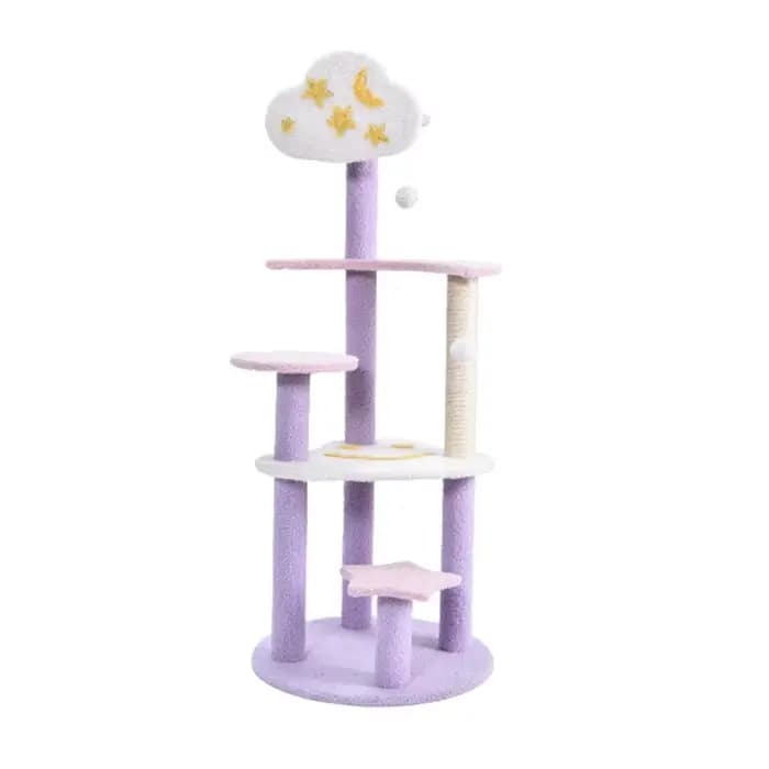 Arbre à chat moderne et mignon en forme de nuage et de lune violets, meuble griffoir pour chat