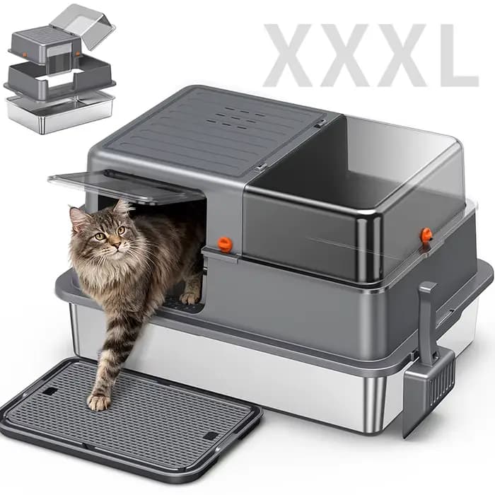 Bac à litière pour chat en acier inoxydable avec couvercle, 28 pouces, grand format, adapté aux chat