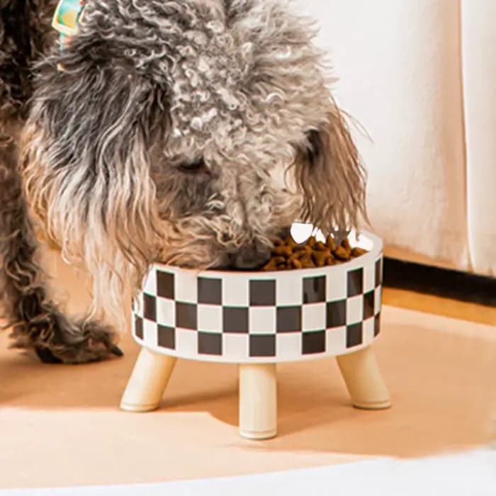 Bol en plastique pour chat et chien avec motif damier à pois, antidérapant et facile à nettoyer
