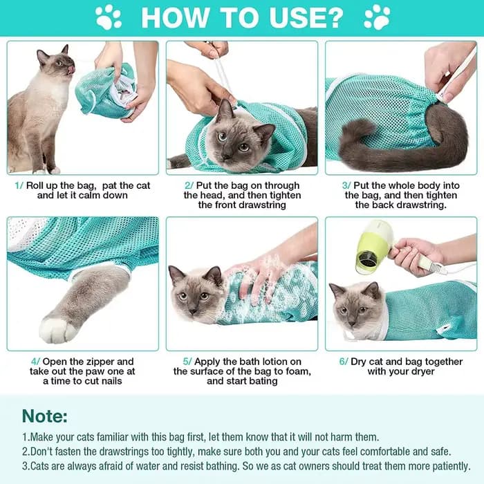 Sac de douche de toilettage pour chat, sacs en maille de lavage en Polyester, sac de retenue réglabl