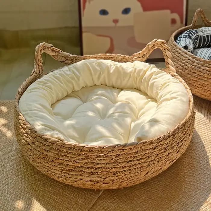 OUZEY rotin tissage chat panier animal de compagnie chat lit avec coussin doux chaud chiot chaton li