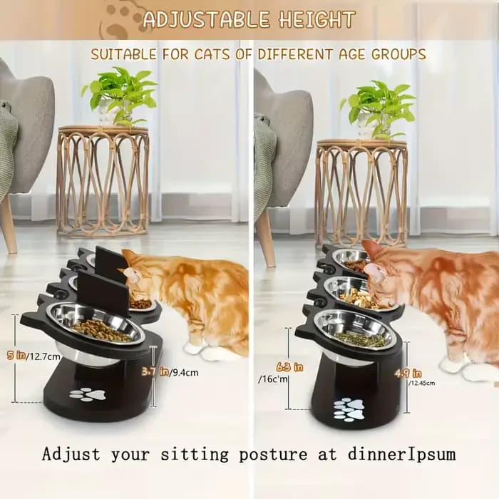 Bol pour chat surélevé à 3 niveaux avec supports en bois et acier inoxydable, support réglable à ang