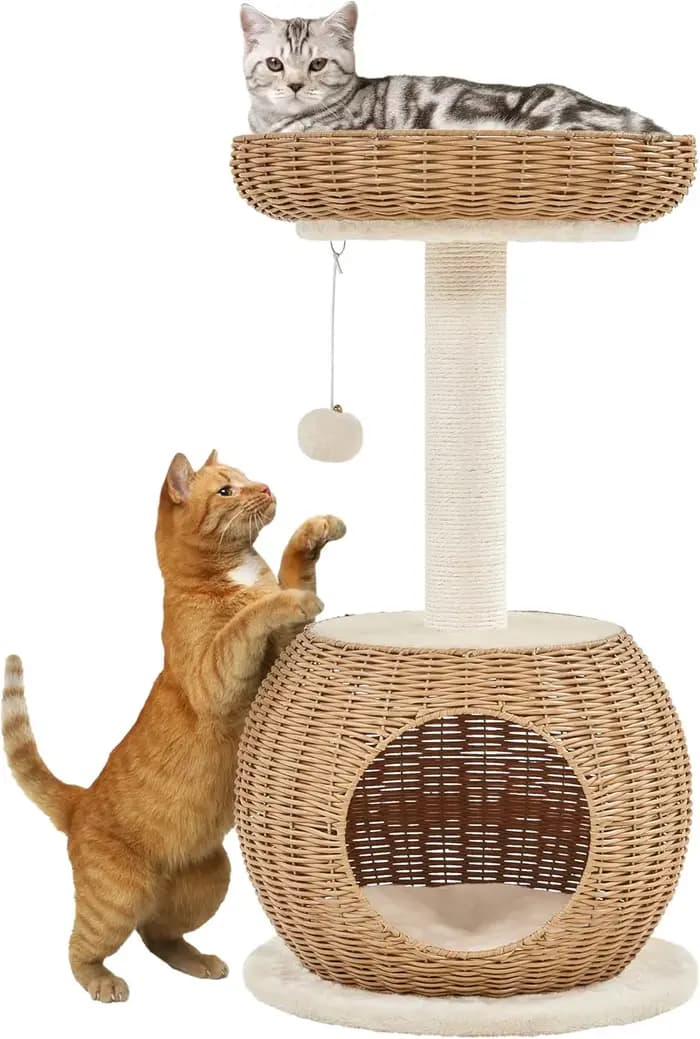 Arbre à chat, tour à chat en rotin de 29,5 pouces pour chats d'intérieur avec poste à gratter, condo