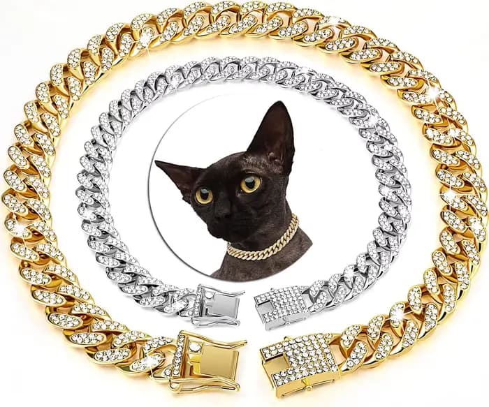 Collier de luxe à maillons cubains pour chat, bijoux en strass, chaîne en or pour chaton, accessoire