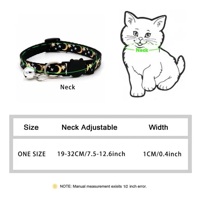 Collier pour chat étoiles et lune dorées avec boucle de sécurité réfléchissante et cloche