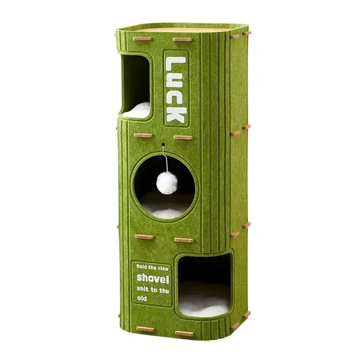 Lit pour chat en feutre vert - Arbre à chat multi-niveaux avec jouet à suspendre, maisonnette confor