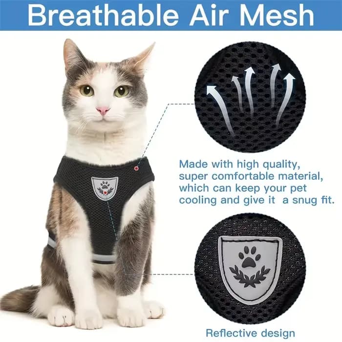 Harnais pour chat réglable, maille respirante anti-fuite avec gilet réfléchissant laisse de 5 pieds-