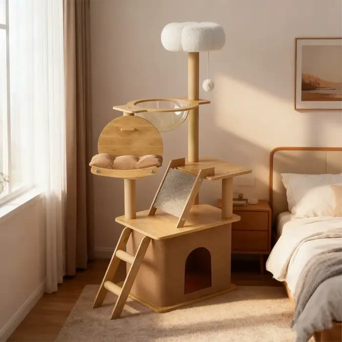 Arbre à chat en bois haut avec condo pour chat et perchoir en peluche pour chats d'intérieur