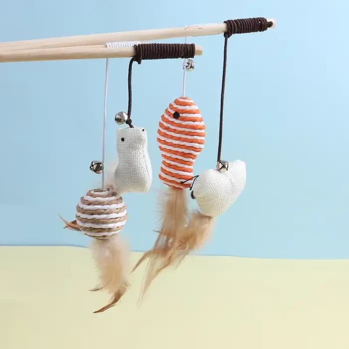 Nouveau souris en bois taquin chat tige chat jouet fournitures pour animaux de compagnie plume cloch