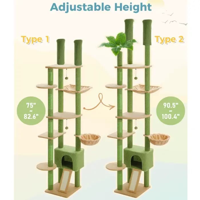 Grand arbre à chat du sol au plafond, tour d'arbre à chat réglable avec condo pour chat, hamac et gr