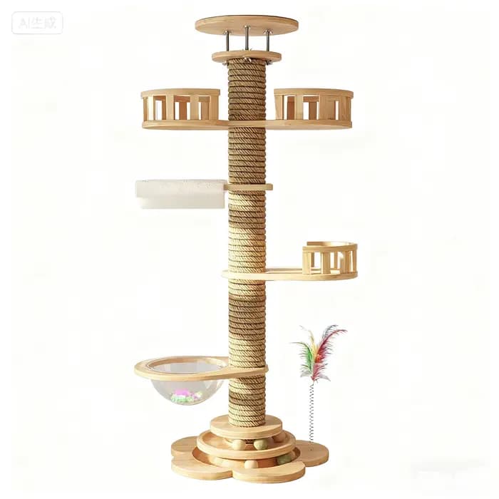 Arbre à chat moderne en bois massif de grande taille, plateforme de saut et tour d'escalade autoport