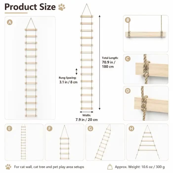 Pont-échelle pour chat en bois massif avec corde naturelle, accessoire suspendu pour arbre à chat, p