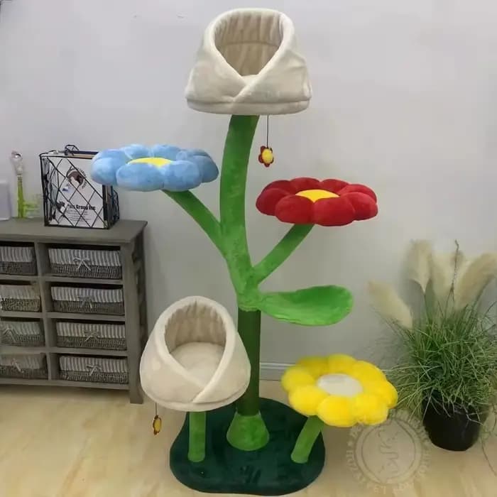 Arbre à chat avec motif floral, grande taille avec poteaux à gratter en sisal et condo intégré | M