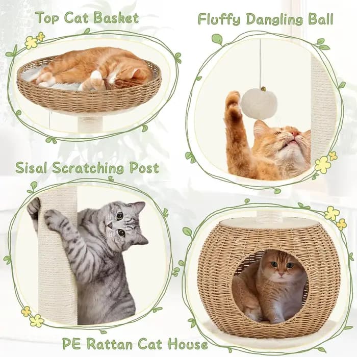 Arbre à chat, tour à chat en rotin de 29,5 pouces pour chats d'intérieur avec poste à gratter, condo