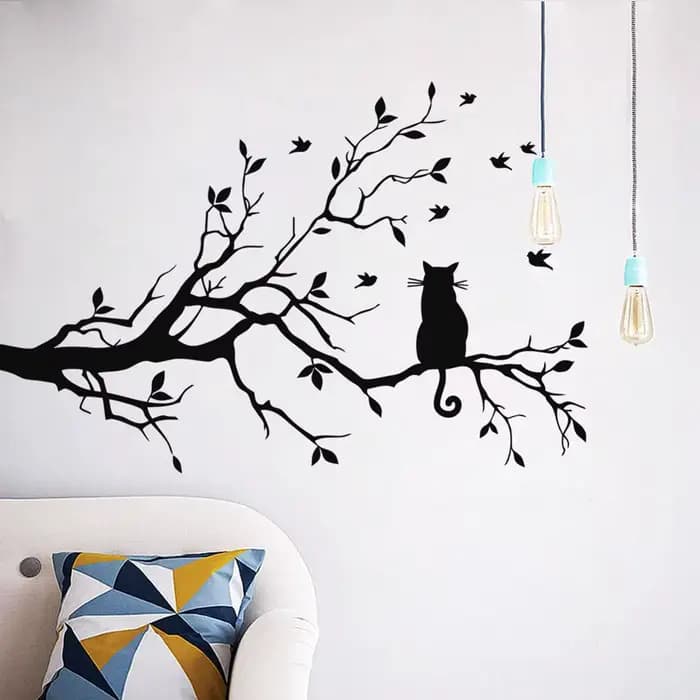 Autocollants muraux chat sur branche d'arbre, décoration de salon, fond de canapé, décoration de la
